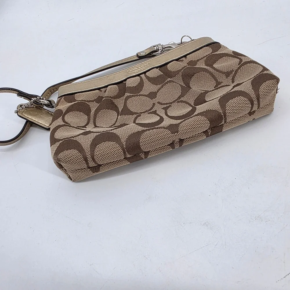 Coach Signature Canvas Metallic Gold Trim Wristlet Small Handbag Bag